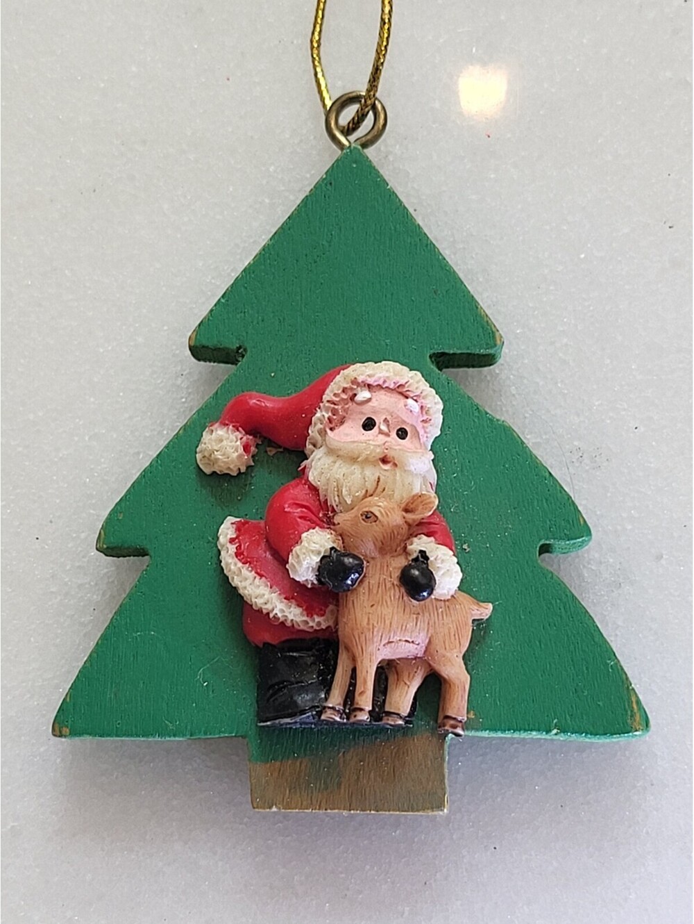 Vtg Christmas Ornament WoodResin Tree Santa Claus Hugs Reindeer EUC 3D 2.25" A25